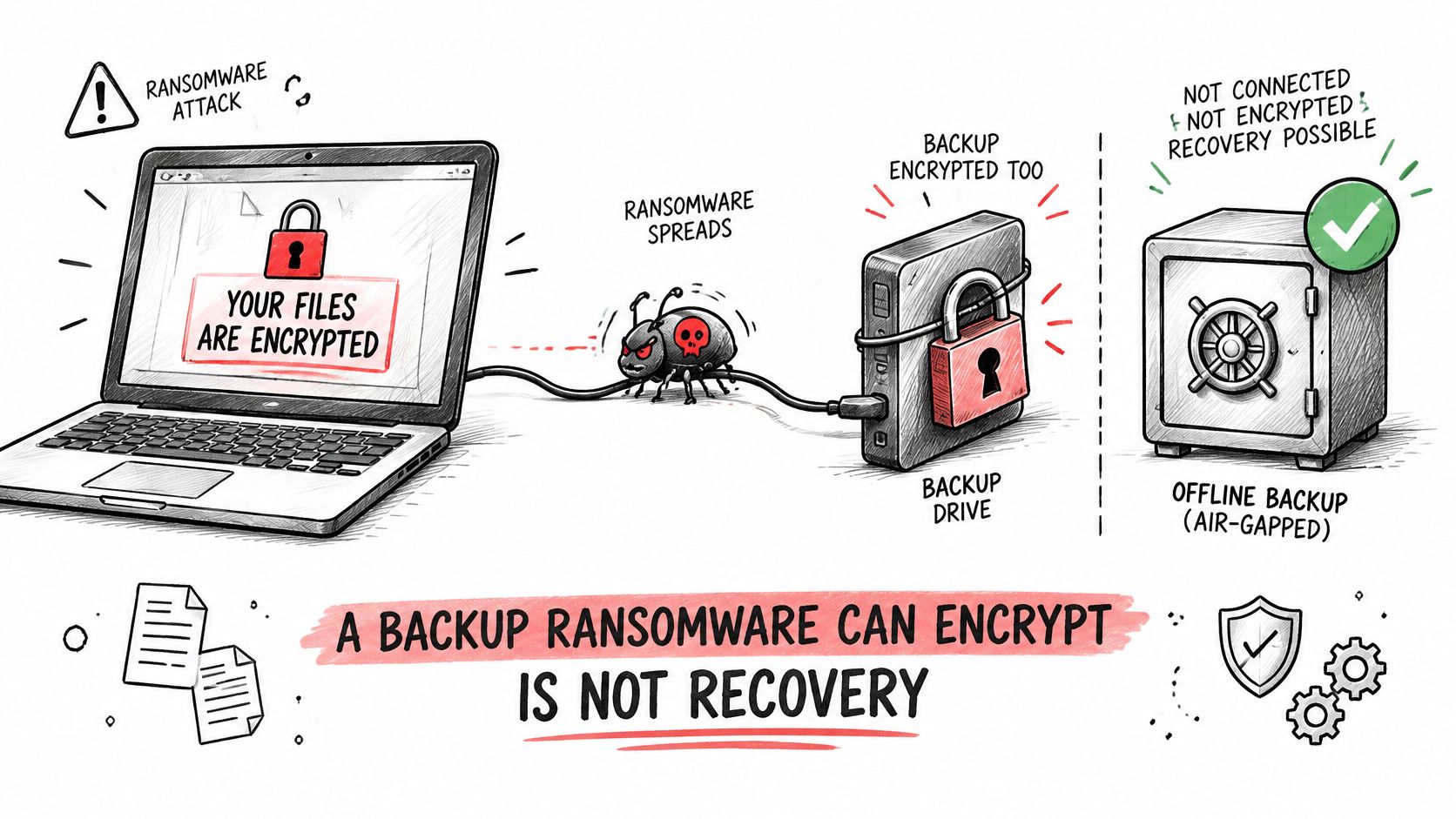 A diagram illustrating how ransomware spreads to connected backup drives, contrasted with a secure offline air-gapped backup.