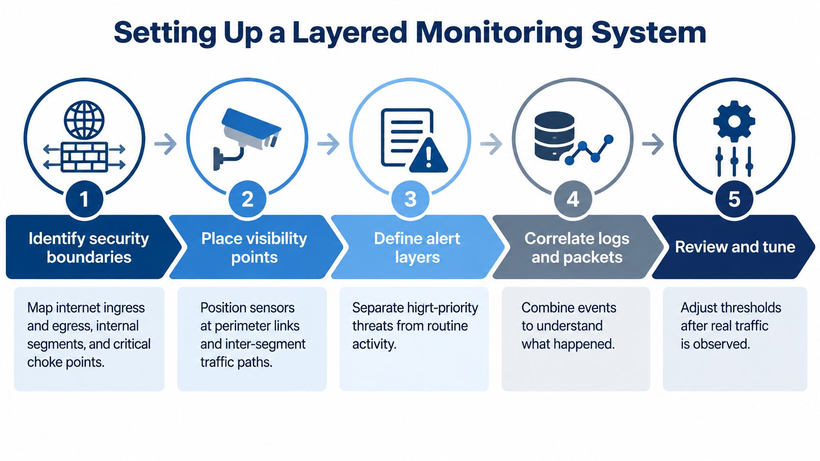A five-step diagram illustrating the process for setting up a layered network monitoring security system.