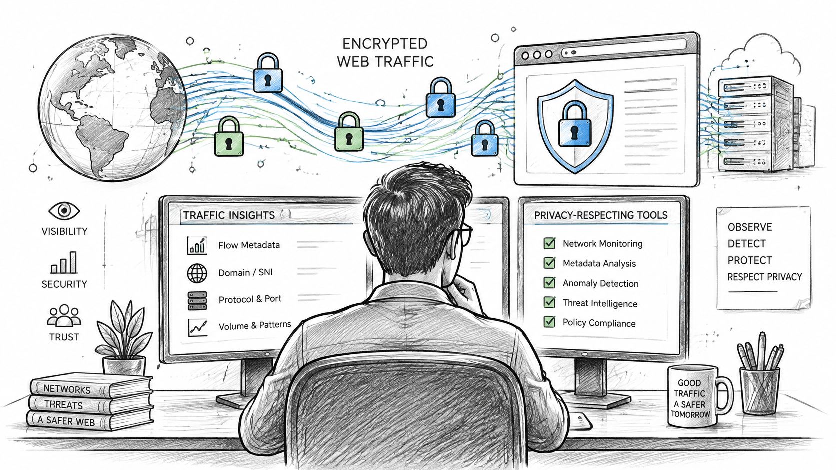 A professional analyzing encrypted network traffic on dual monitors to ensure security and privacy compliance.