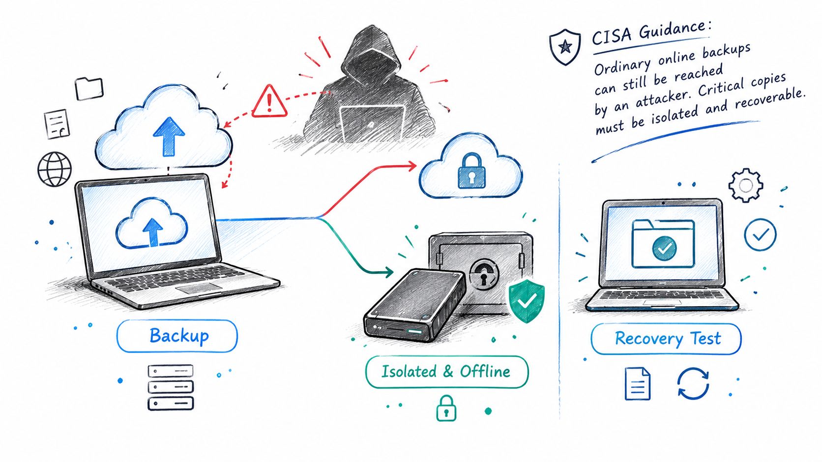 A diagram illustrating CISA guidance on secure data backup strategies, comparing online storage with isolated offline backups.