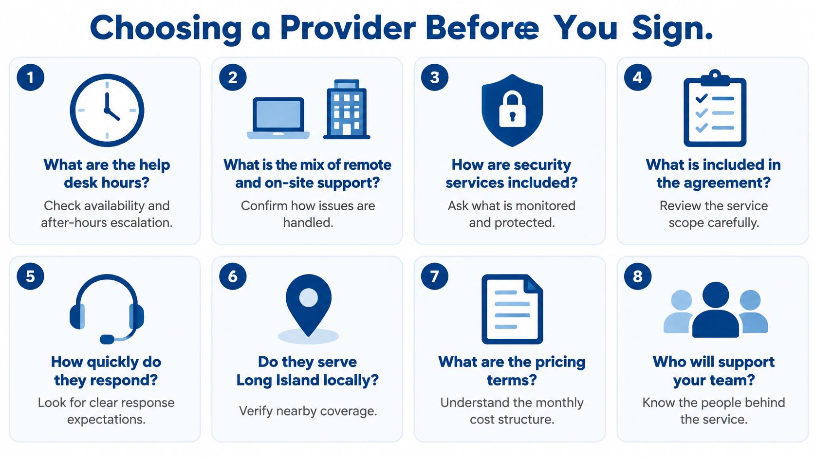 An infographic detailing eight essential questions to ask an IT service provider before signing a contract.