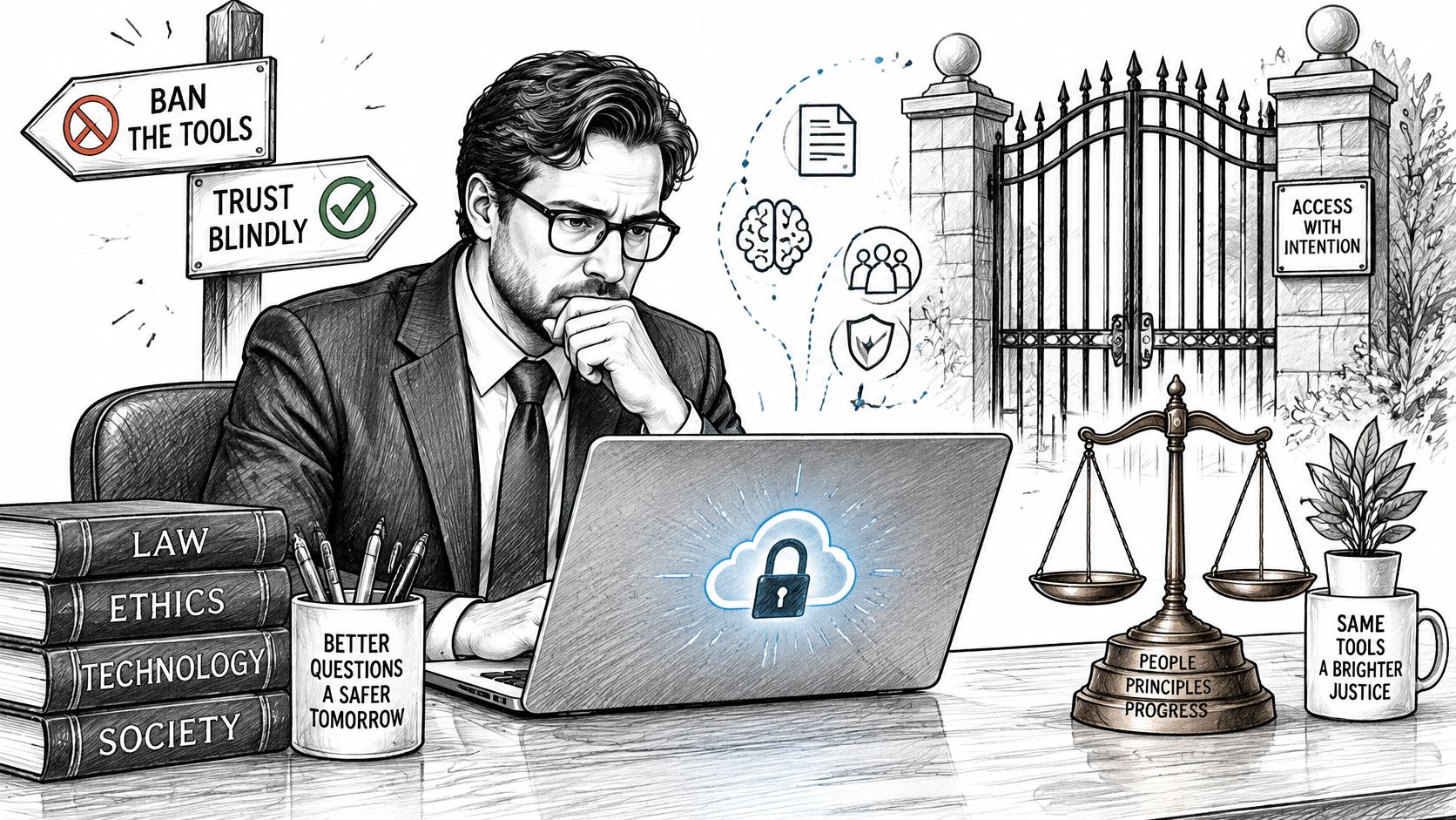 A professional analyzing AI ethics and cybersecurity, surrounded by symbols of law, technology, and balanced decision-making.