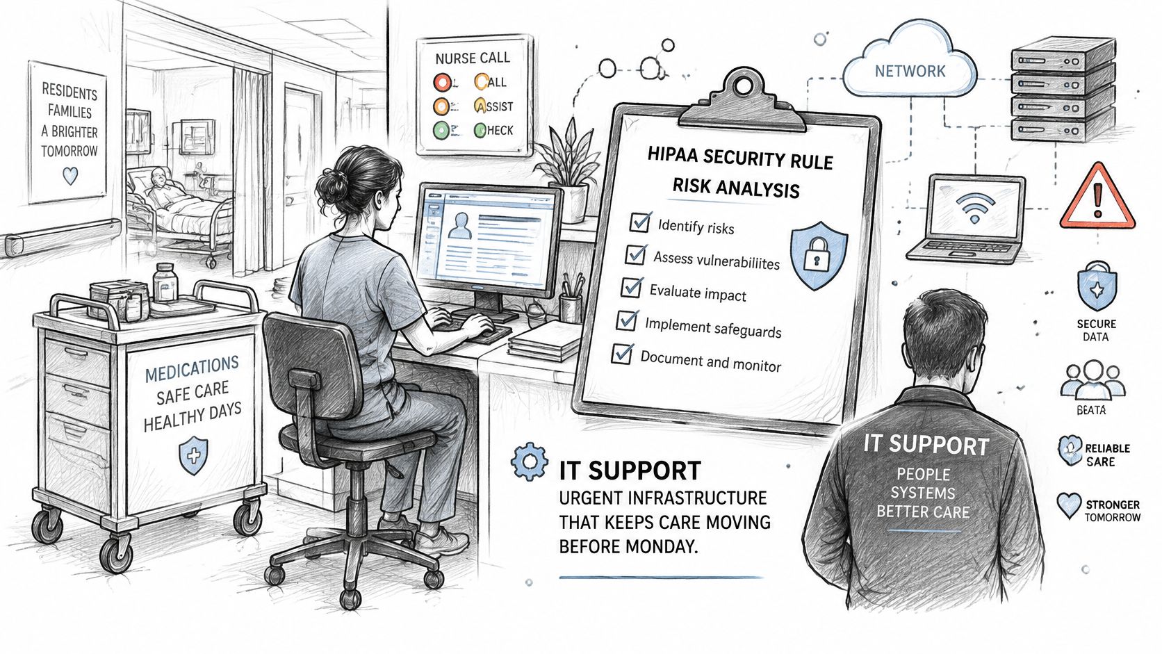 A professional nurse and IT support specialist collaborating in a clinical healthcare environment ensuring secure digital operations.
