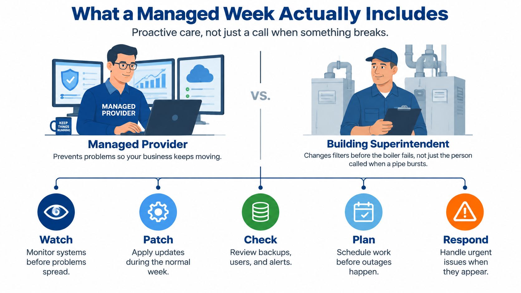 An infographic comparing a managed IT provider's proactive maintenance strategy with a building superintendent's preventative care.