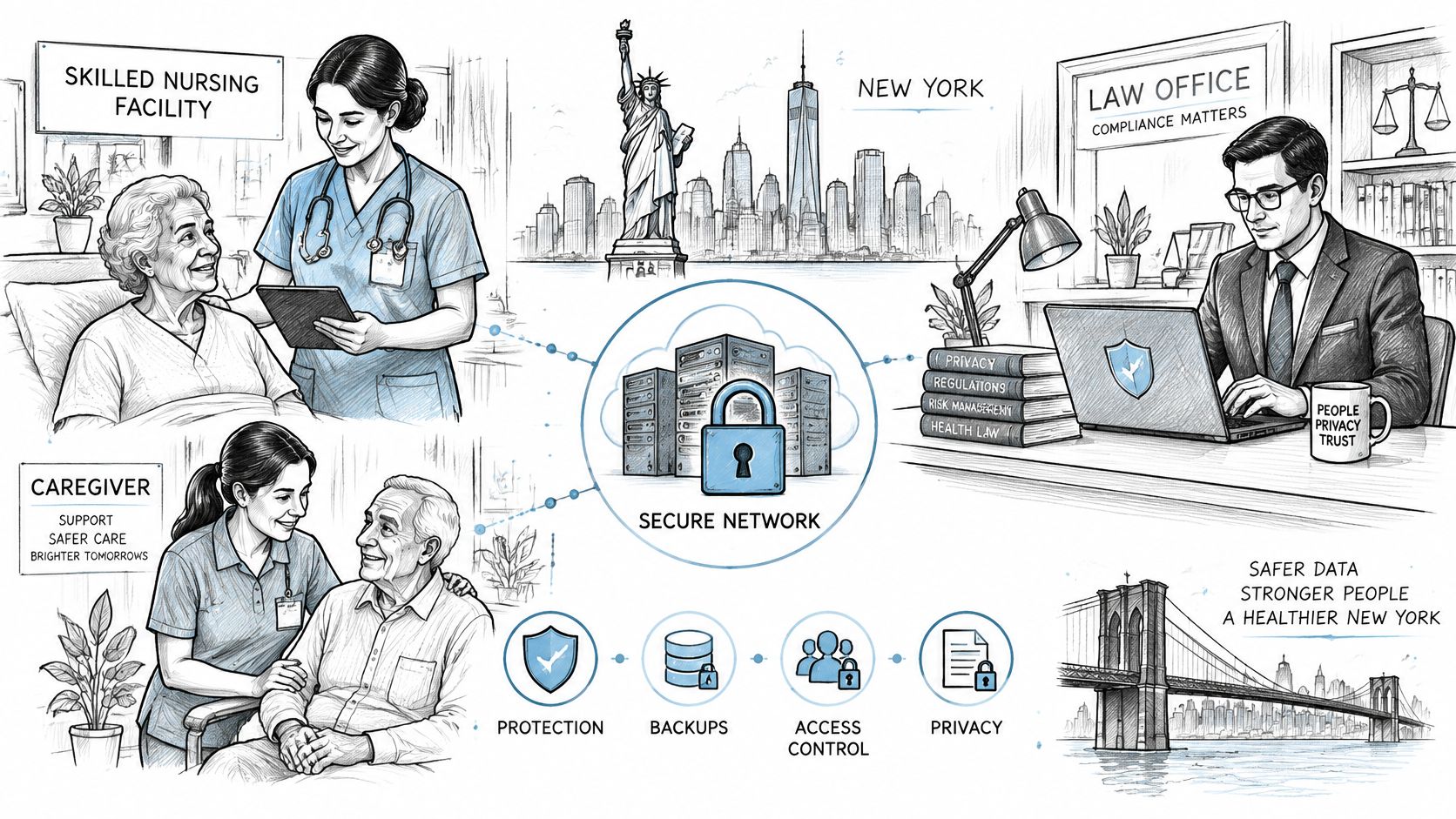 A digital illustration showing secure data networking connecting a nursing facility, a law office, and New York landmarks.