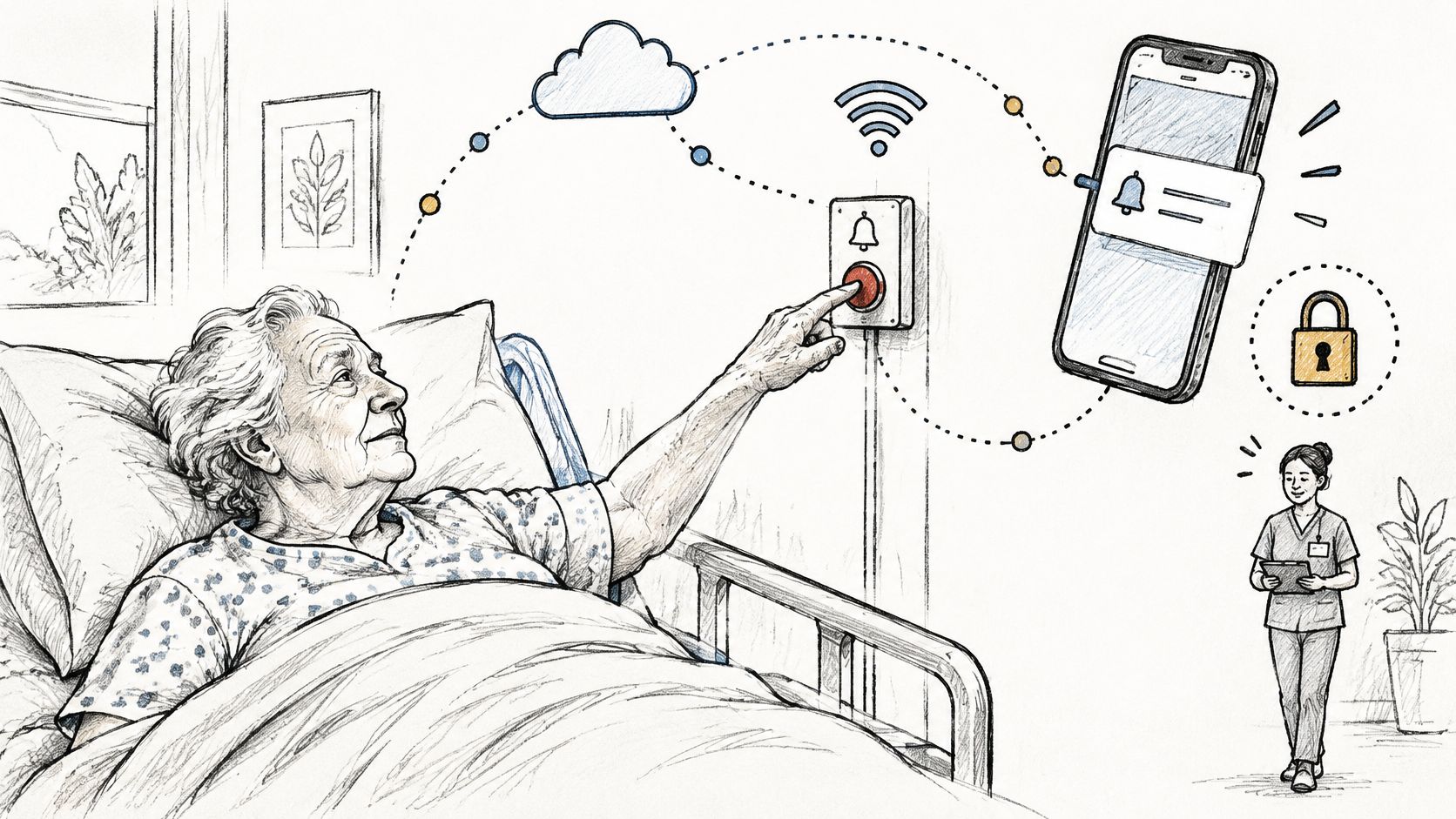 An elderly woman pressing a call button in bed, sending a notification to a nurse's mobile device.