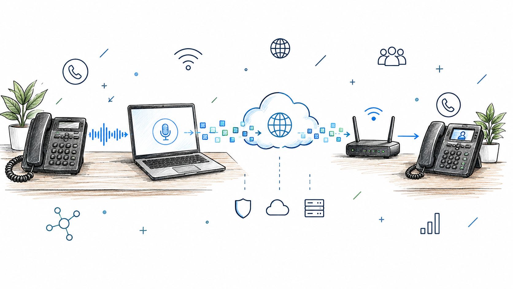 A digital illustration showing how VoIP technology connects desk phones via cloud networks and internet routers.
